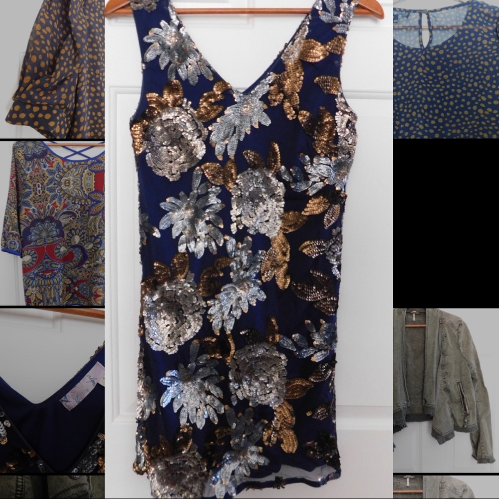 Navy blue floral sequin short dress